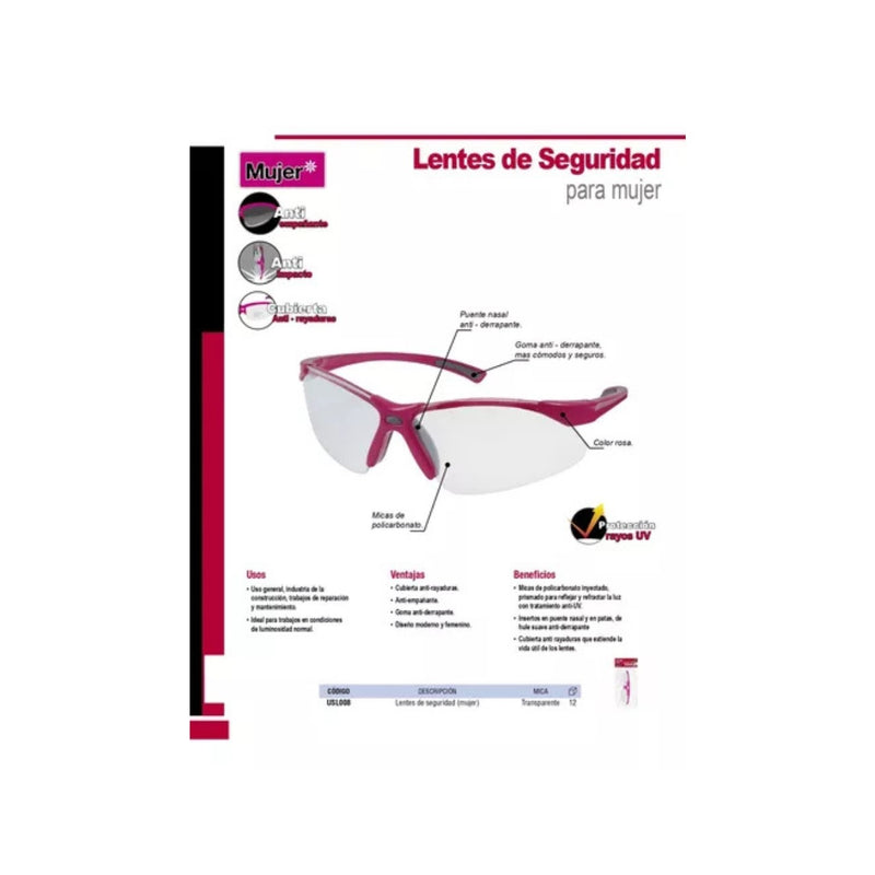 Lentes Seguridad Mujer Rosa Mica Transparente Usl008 Urrea-H ID-3446054