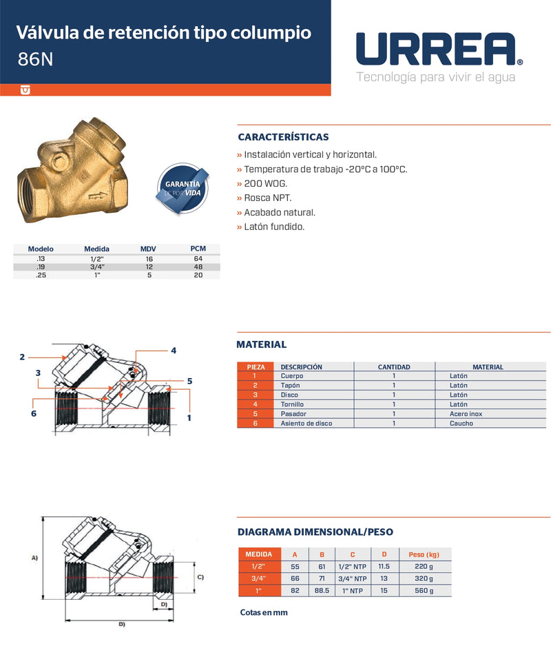Valvula De Retencion Columpio 3/4'' 86N.19 Urrea-V ID-2761257