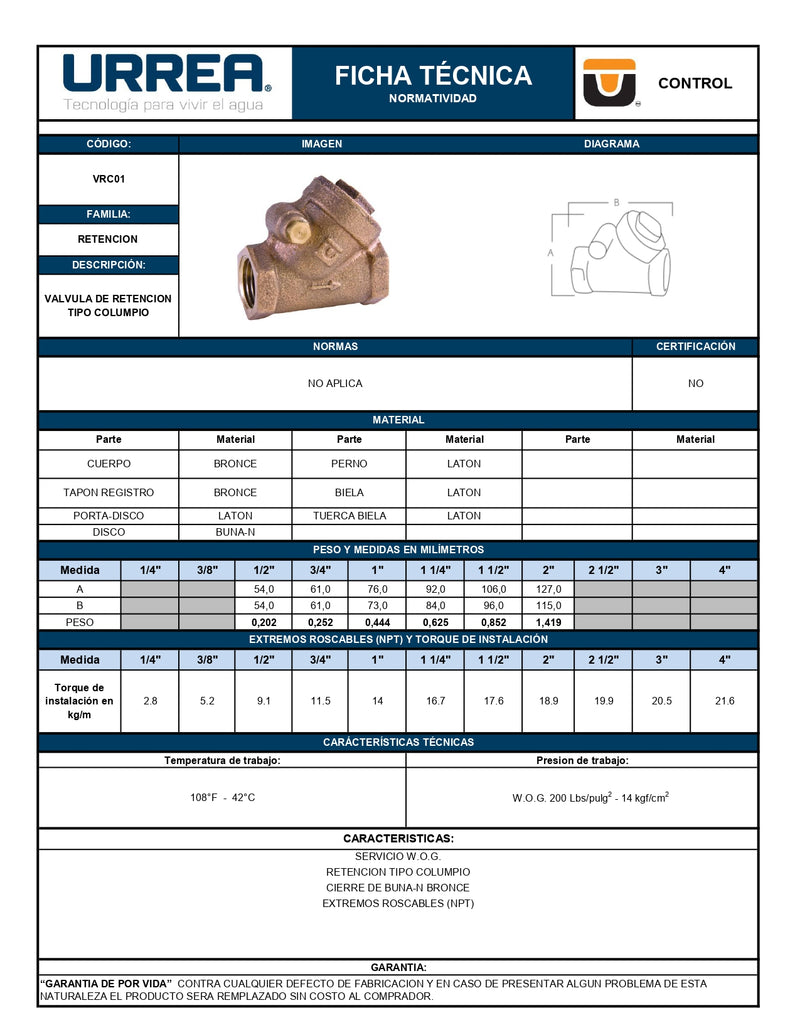 Valvula Retencion Columpio 1/2 Wog 200Lb/Pul Vrc01.13 Urrea-V ID-2066697