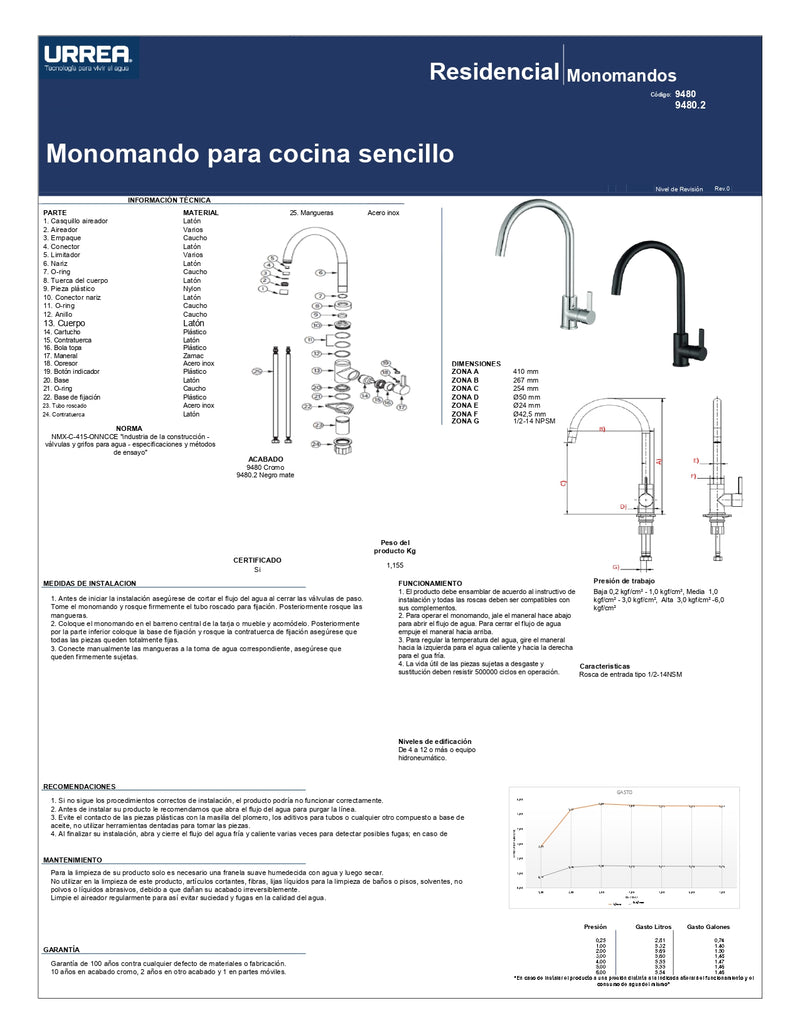 Monomando Para Cocina 9480.2 Color Negro Urrea-V ID-2094275