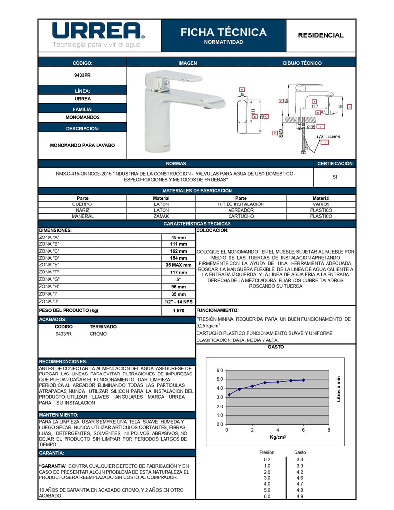 Monomando Para Lavabo 9433Pr Urrea-V ID-2066994