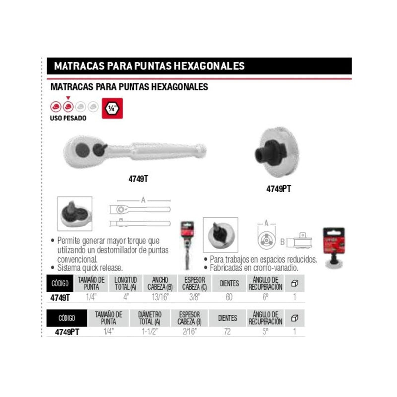 Matraca De 1/4 Para Puntas Hexagonales 4749T Urrea-H ID-2030798