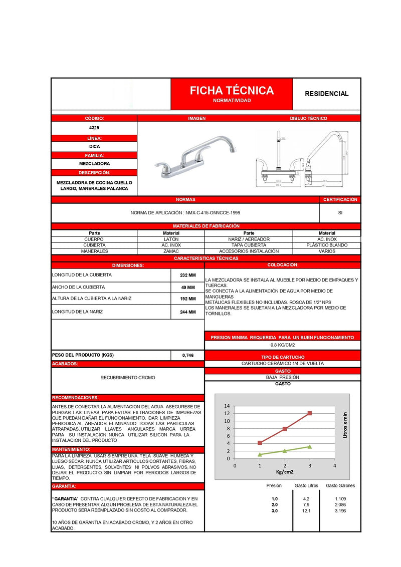 Mezcladora Para Fregadero 8'' Presión Baja 4329 Dica ID-2515567