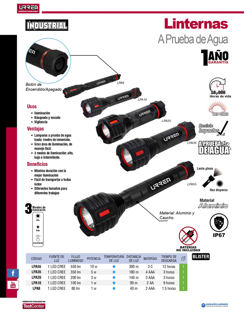 Linterna A Prueba De Agua 350 Lumenes Bateria 3A Lpa35 Urrea-H ID-2030693