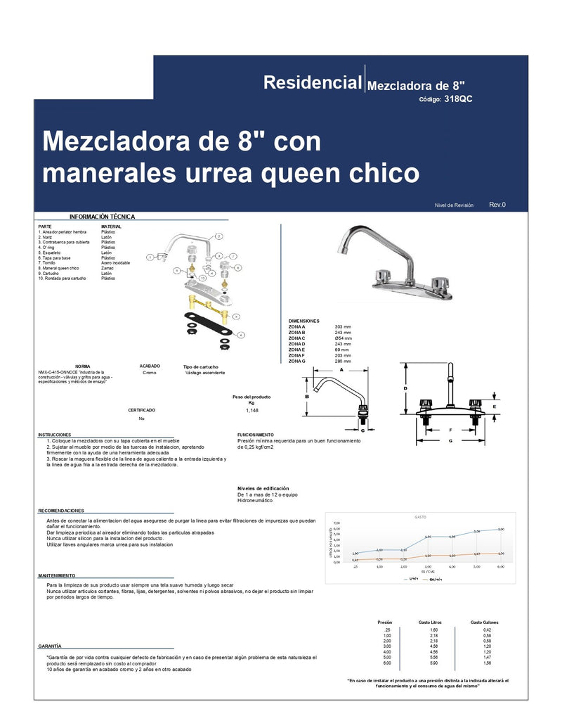 Llave Mezcladora Cocina Fregadero 8 Pulgadas 318Qc Urrea-V ID-2545749