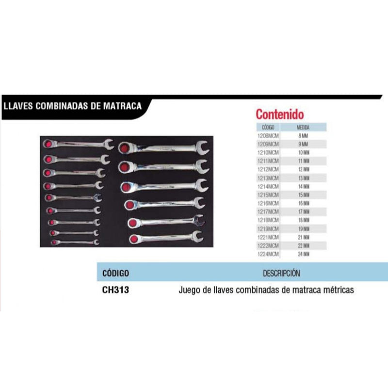 Juego 15 Llaves Comb Matraca Métrico Industrial Ch313 Urrea-H ID-2800472