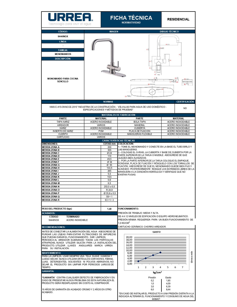 Grifo De Cocina Monomando 9444Inox Acero Inoxidable Urrea-V ID-2094407
