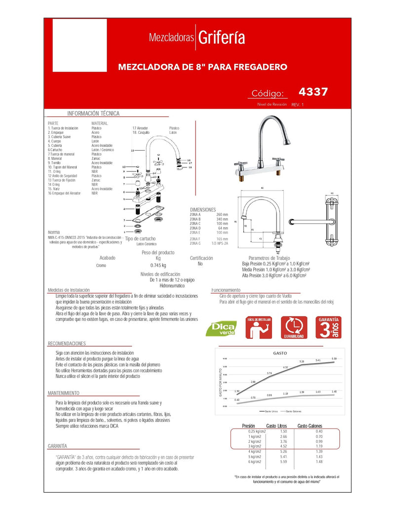 Mezcladora Ecológica De 8'' Para Fregadero 4337 Dica ID-2515577