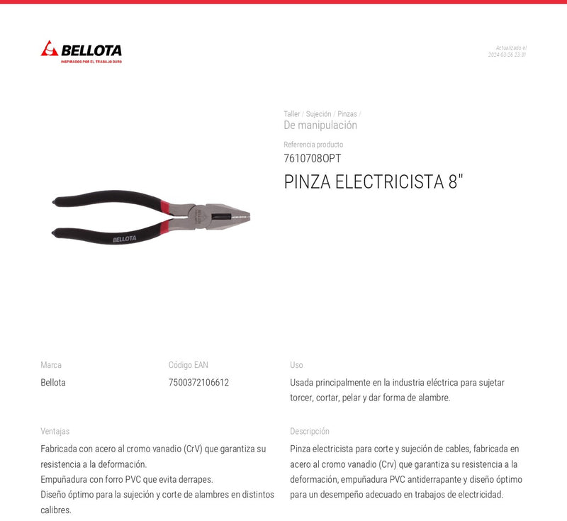 Pinza Electricista 76107080Pt Bellota ID-2862970