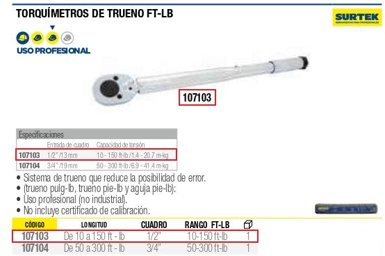 Torquimetro De Trueno 1/2'' 10-50 Pie/Lb 107103 Surtek ID-2137093