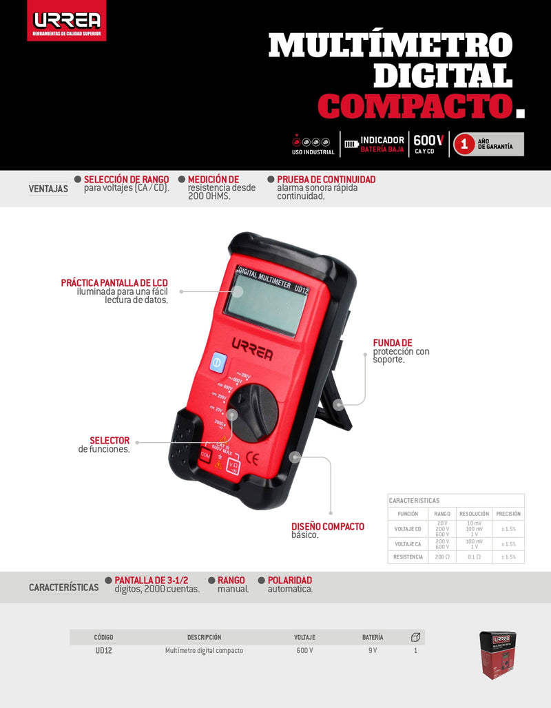 Multímetro Compacto 600 Vcd/600 Vca Ud12 Urrea-H ID-2030827