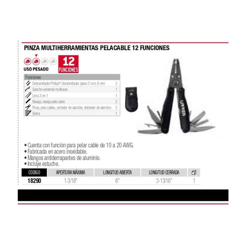 Pinza Pelacable Multiherramienta 12 En 1 C/Estuche 18290 Urrea-H ID-2034138