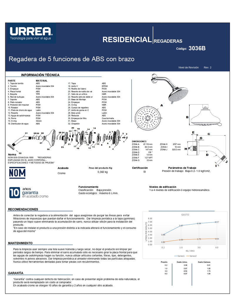 Regadera Abs 5 Funciones C/ Brazo Y Chapetón 3036B Urrea ID-3015266