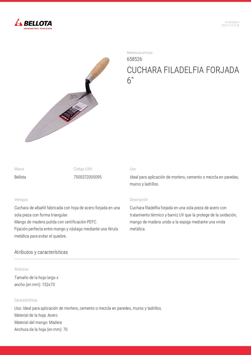 Cuchara Para Albañil 6¨ Filadelfia 658526 Bellota ID-2092641