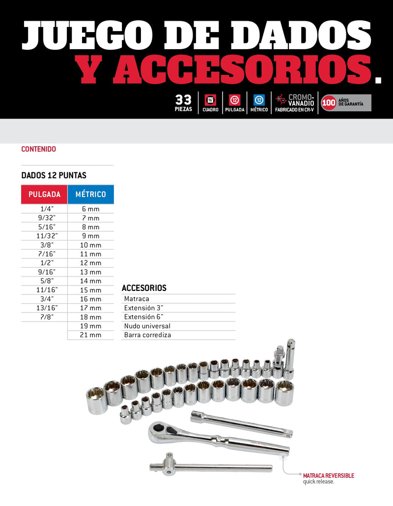 Juego De Dados Y Accesorios Combinados 33 Pzas 5200Cb Urrea-H ID-2011043
