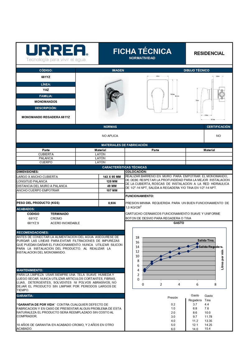 Monomando Regadera/Tina Cromo Yaz 681Yz Urrea-V ID-2066609