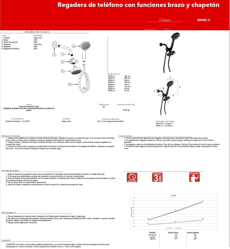 Regadera De Telefono Negra Con 3 Funciones 3008C.2 Dica ID-2513031