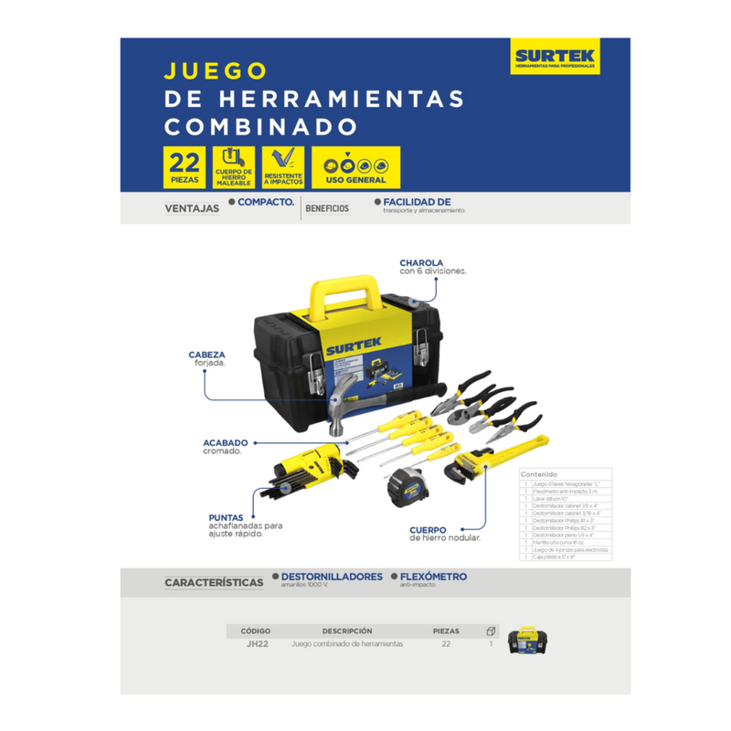Juego Combinado De Herramientas C/Caja Plástica, 22Pzs Jh22 Surtek ID-2215147