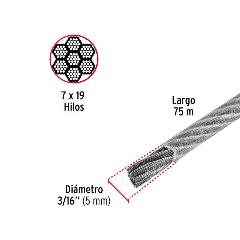 Cable Acero Recubierto 3/16 7X19 Hilos 75 Mt 44223 Fiero ID-2783508