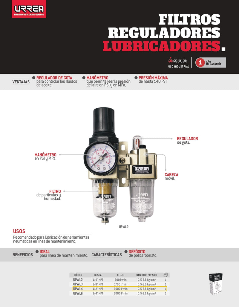 Filtro Regulador Y Lubricador De Aire 1/2'' Npt Upwl4 Urrea ID-2683494