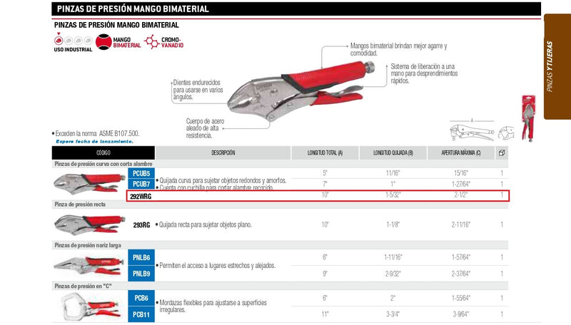 Pinza Presión Mango Bimaterial 10 Quijada Curva 292Wrg Urrea ID-2064698