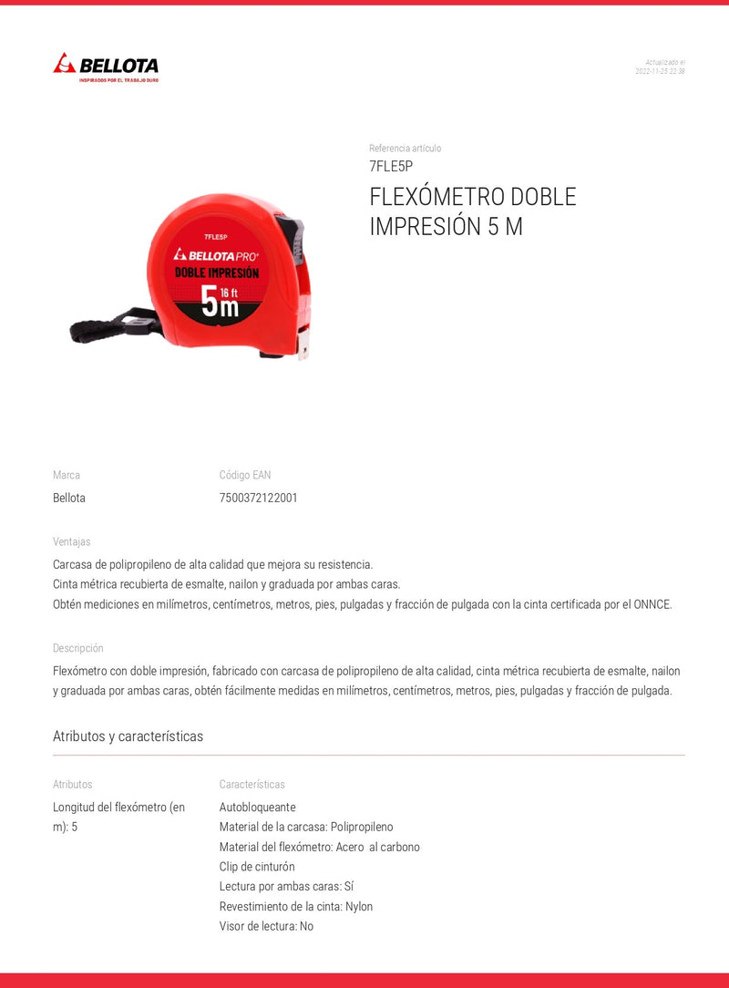 Flexometro 5Mx19Mm Doble Impresión Pro 7Fle5P Bellota ID-2066853