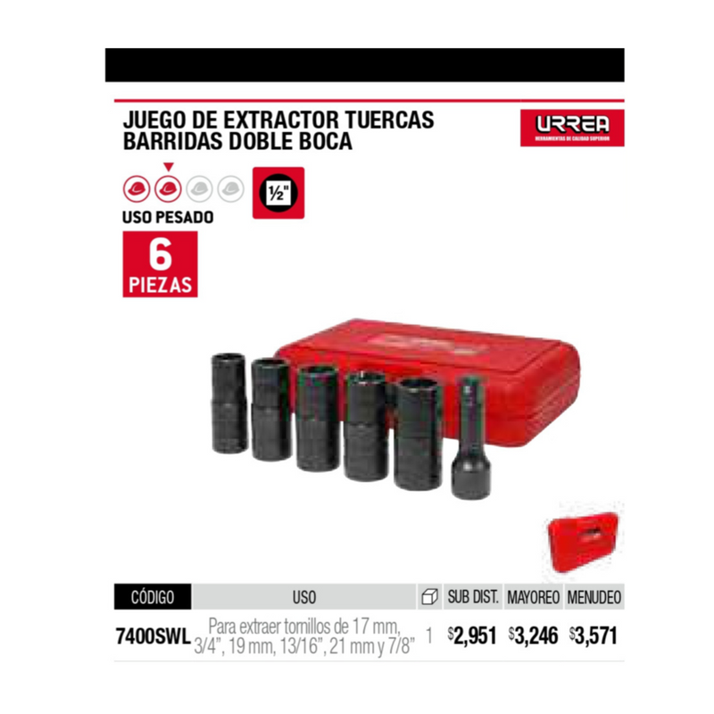 Juego 6 Piezas Extractor Tuercas Barridas 7400Swl Urrea ID-2806518