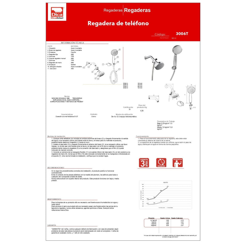 Regadera De Teléfono Ecológica Con Brazo Incluido 3006T Dica ID-2543028