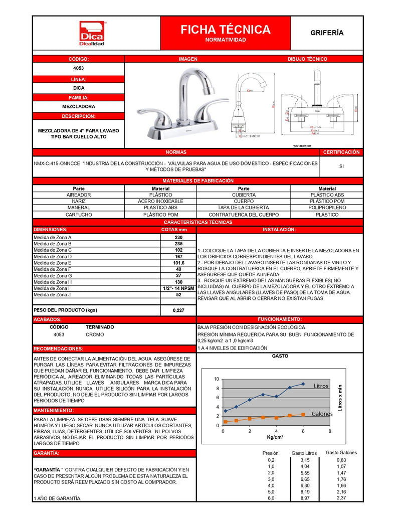 Mezcladora 4'' P/ Lavabo Abs Cuello Alto 4053 Dica ID-2129986