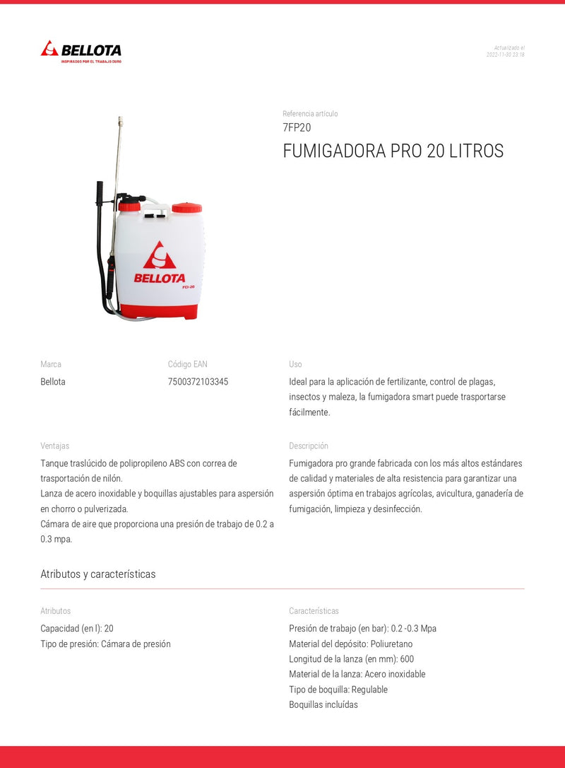 Fumigadora 20L Manual Gran Calidad 7Fp20 Bellota ID-2075320