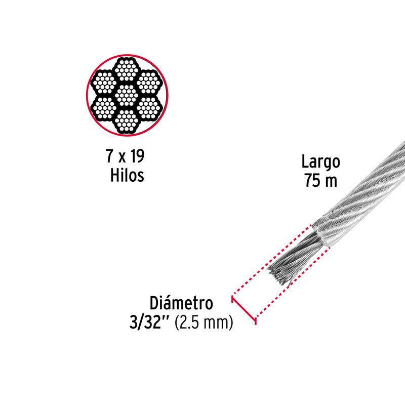 Cable Acero Recubierto 3/32 7X19 Hilos 75 Mt 44226 Fiero ID-2783609