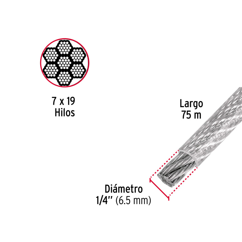 Cable Acero Recubierto Pvc 1/4 7X19 Hilos 75 Mt 44224 Fiero ID-2783481