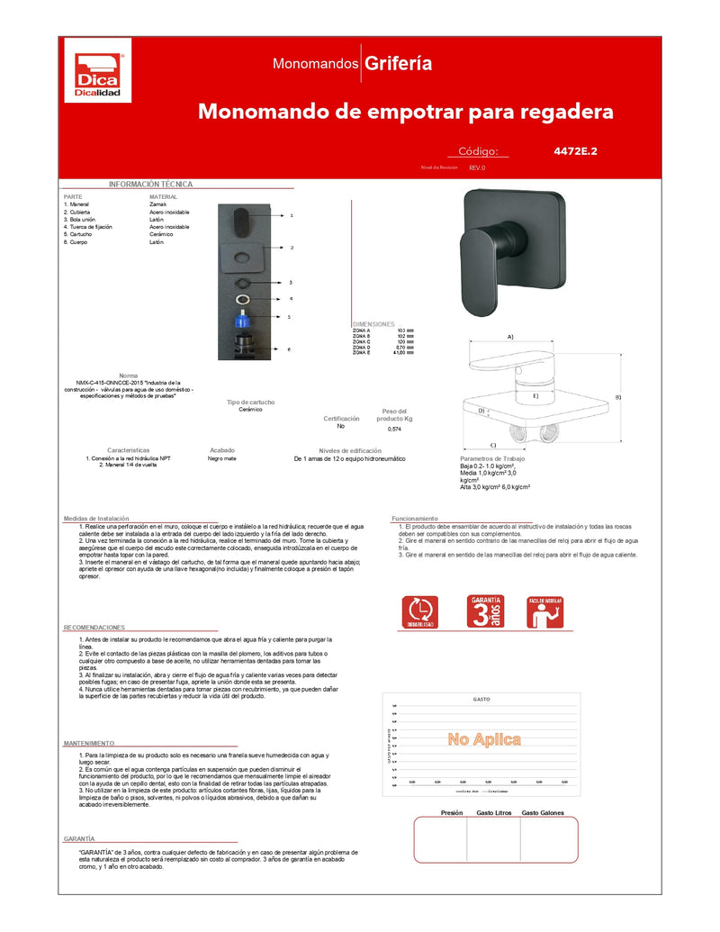 Monomando Para Regadera Negro Mate 4472E.2 Dica ID-2132643