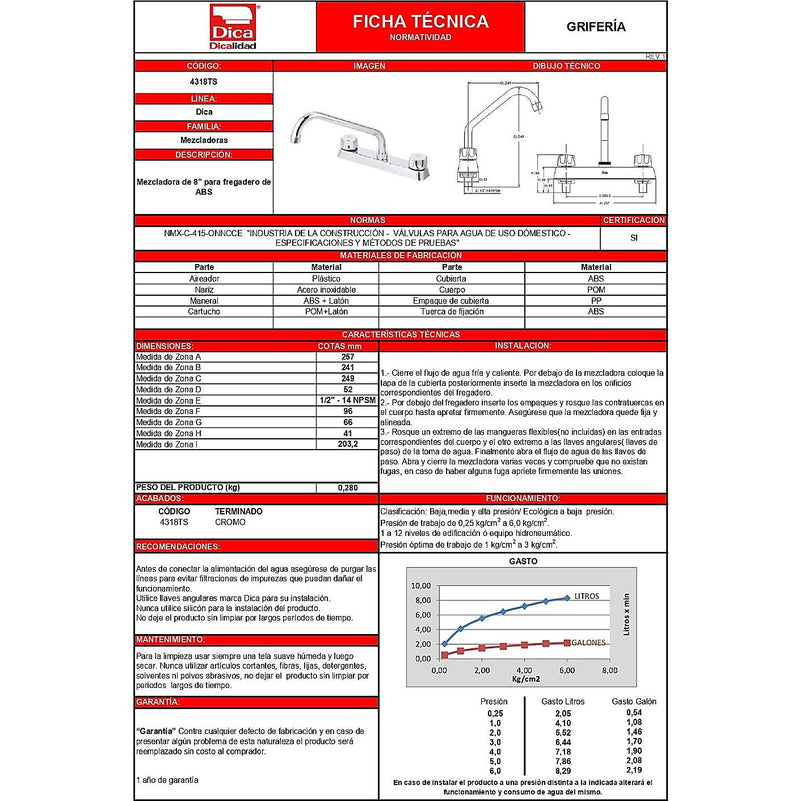 Mezcladora Ecológica De 8 Pulg P/Fregadero Abs 4318Ts Dica ID-2517469