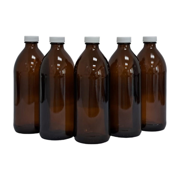 Botella Ámbar Vidrio 500 Ml con Tapa Blanca 5 Piezas Ba500ml5p Qec