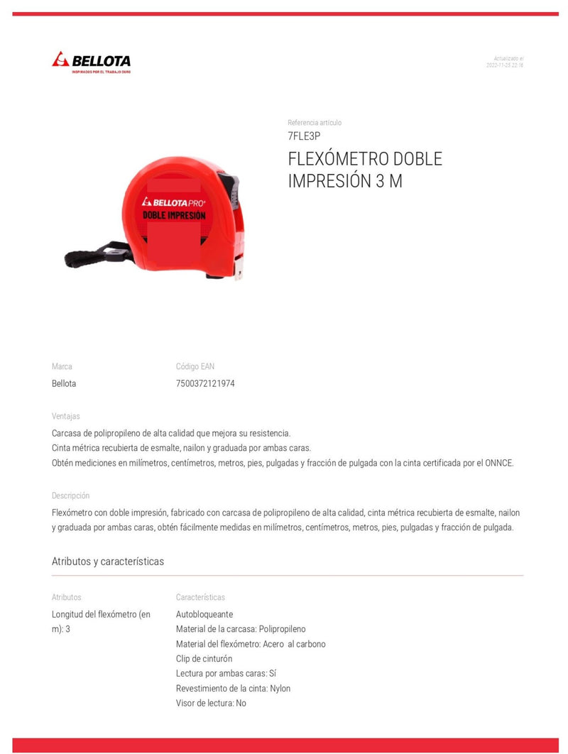 Flexometro 3Mx16Mm Doble Impresión Pro 7Fle3P Bellota ID-2066836