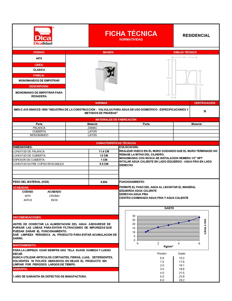 Monomando De Empotrar Para Regadera Flat 4474 Dica ID-2130043