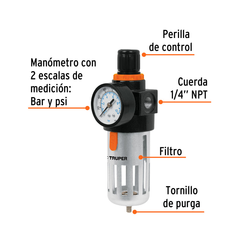 Filtro Regulador De Aire P/ Compresores 1/4 Npt 18238 Truper ID-2685844