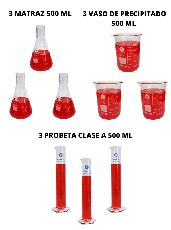 Juego de 9 Piezas Matraz, Vaso Y Probeta 500ml Jf Lhabo