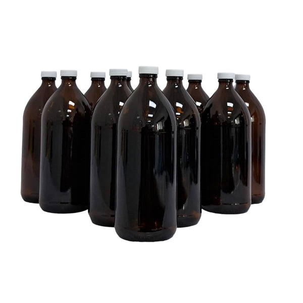 Botella Ámbar Vidrio 1 L con Tapa Blanca 12 Piezas  Ba1l12p  Qec