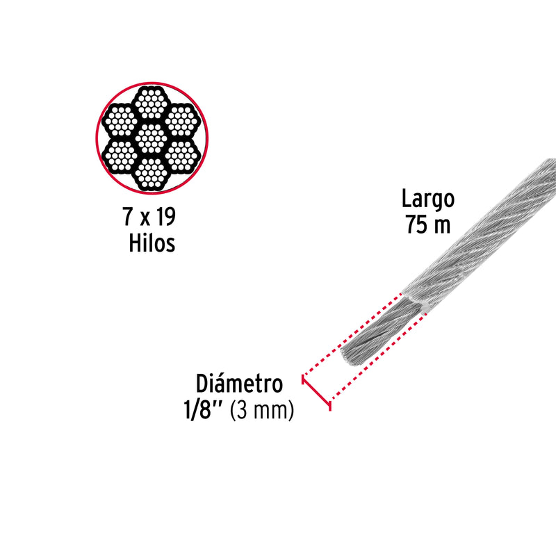 Cable Acero Recubierto 1/8 7X19 Hilos 75 Mt 44225 Fiero ID-2783530