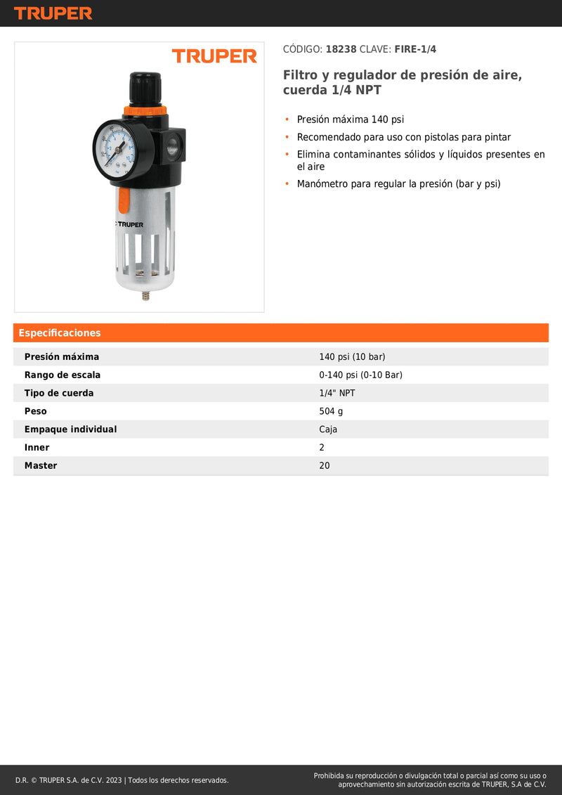 Filtro Regulador De Aire P/ Compresores 1/4 Npt 18238 Truper ID-2685841