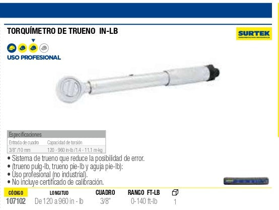 Torquimetro De Trueno 3/8 , 120-960 In-Lb 107102 Surtek ID-2137482