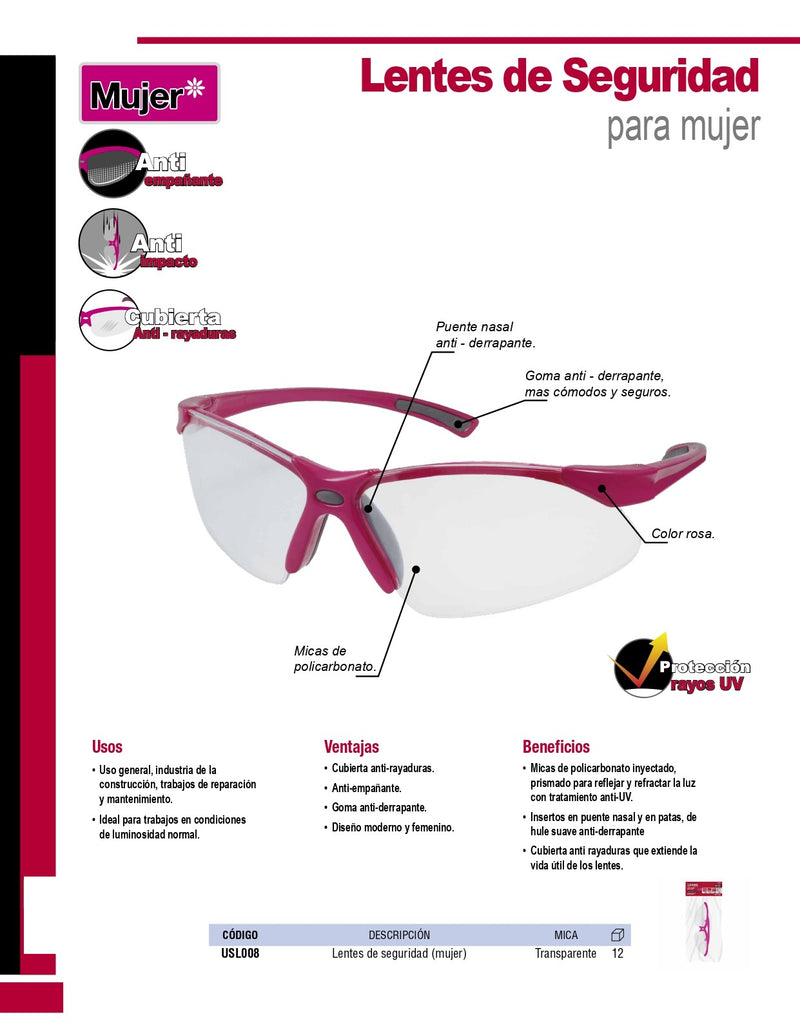 Lentes Seguridad Mujer Rosa Mica Transparente Usl008 Urrea ID-2545734