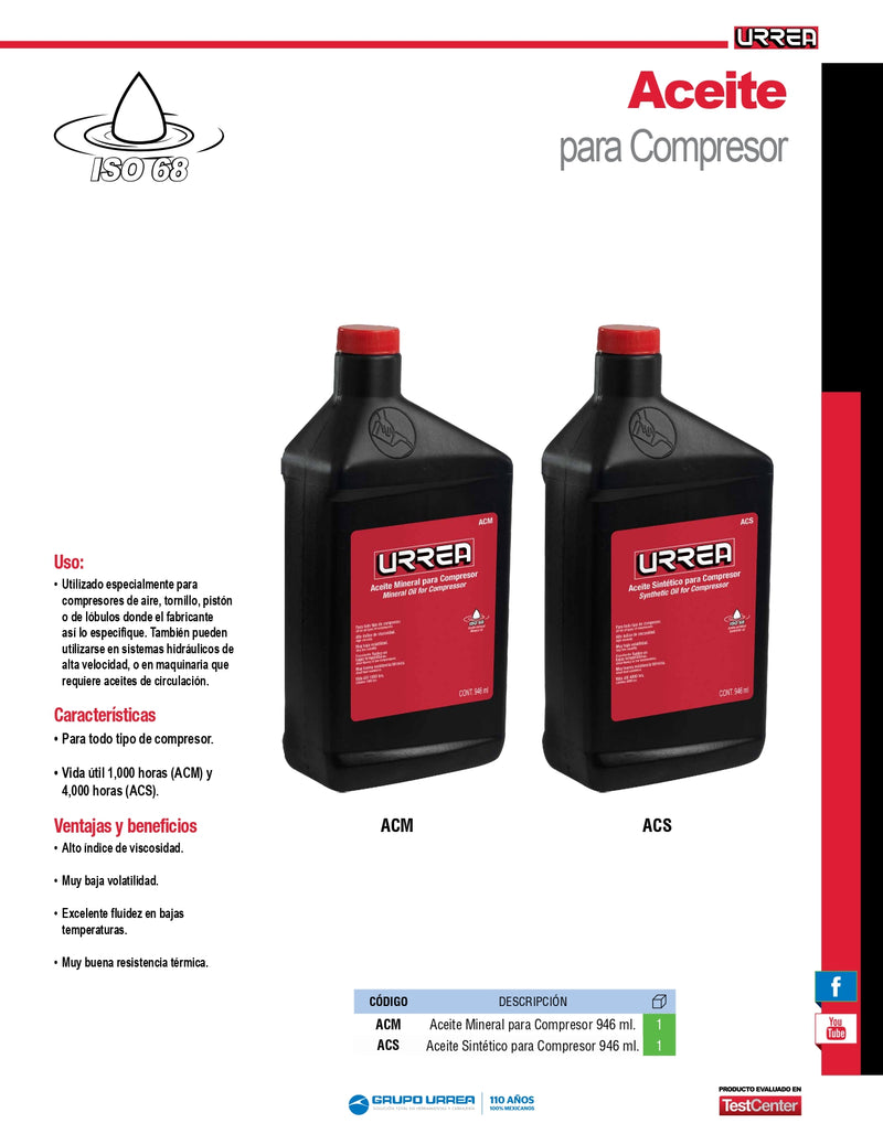 Aceite Mineral Para Compresor 946Ml Acm Urrea ID-2023646