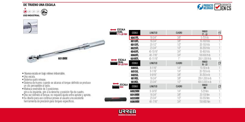 Torquimetro Escala Cuadro De 3/8 , 5-75 Ft-Lb 6007Fl Urrea ID-2137148