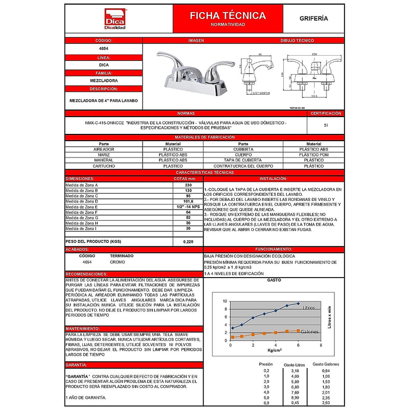 Mezcladora De 4 Pulg Para Lavabo 4054 Dica ID-2515063