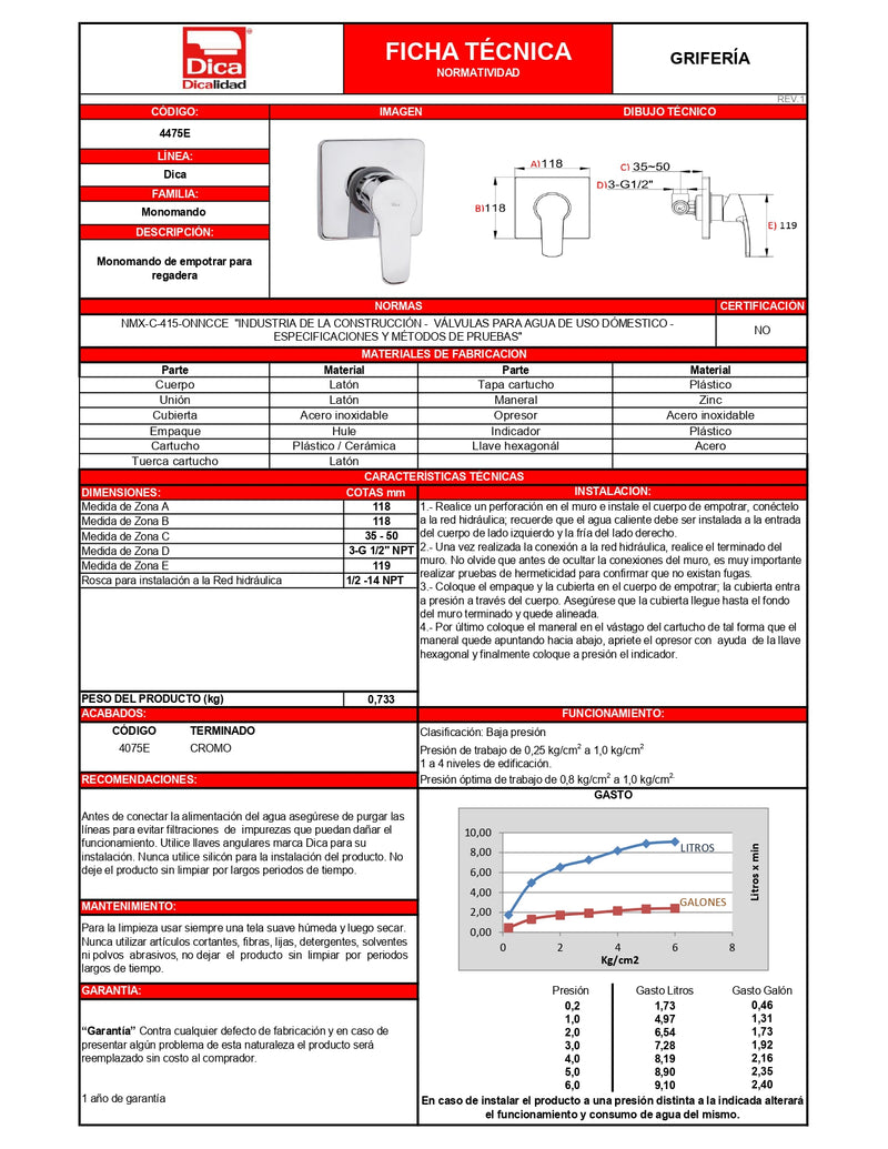 Monomando Empotrar Regadera 4475E Dica ID-2509064