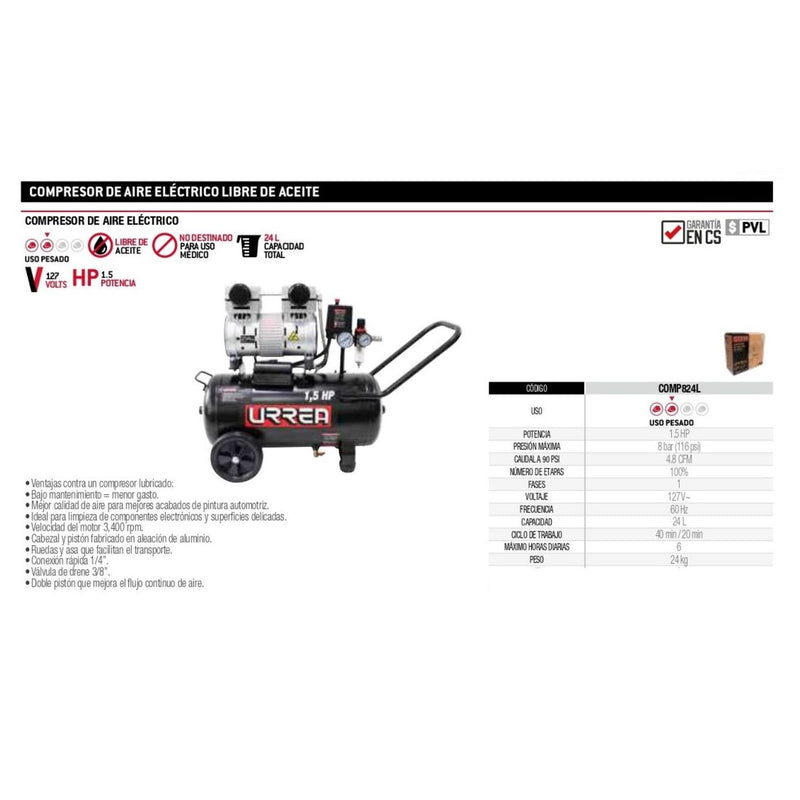 Compresor De Aire Eléctrico Comp824L Monofásico 24L Urrea ID-2224621