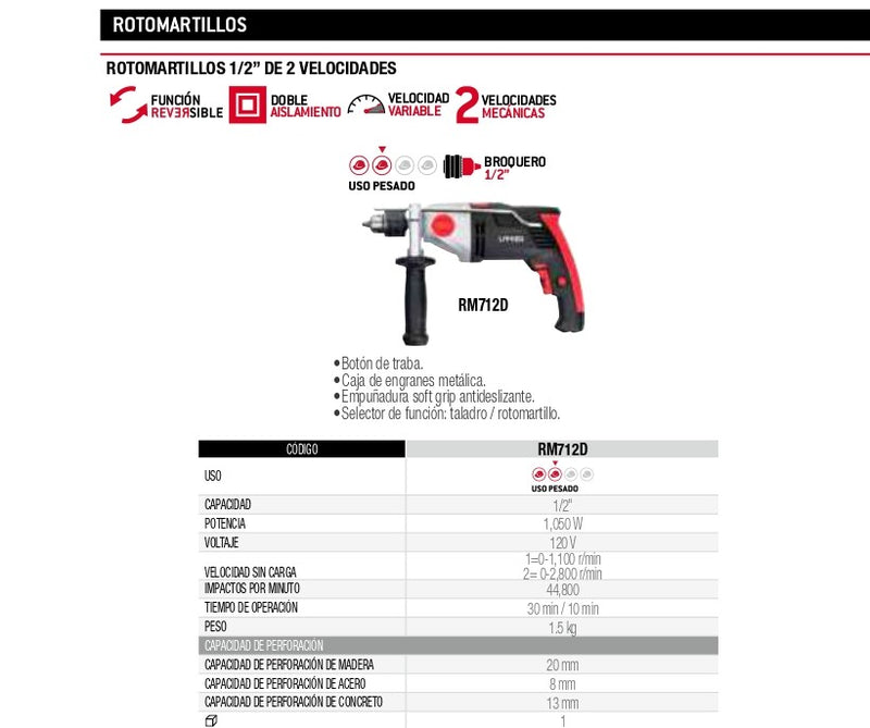 Rotomartillo 1/2 1050W 120V Uso Pesado Rm712D Urrea ID-2552409